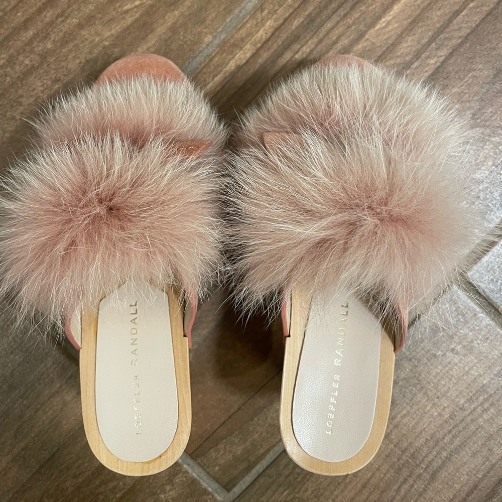 Loeffler Randall Phillips Fox Fur Pom Pom Mule Clog Suede Pink Mauve 35 5 Tan - Picture 7 of 10